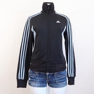 adidas black track jacket baby blue stripes y2k sporty zip up